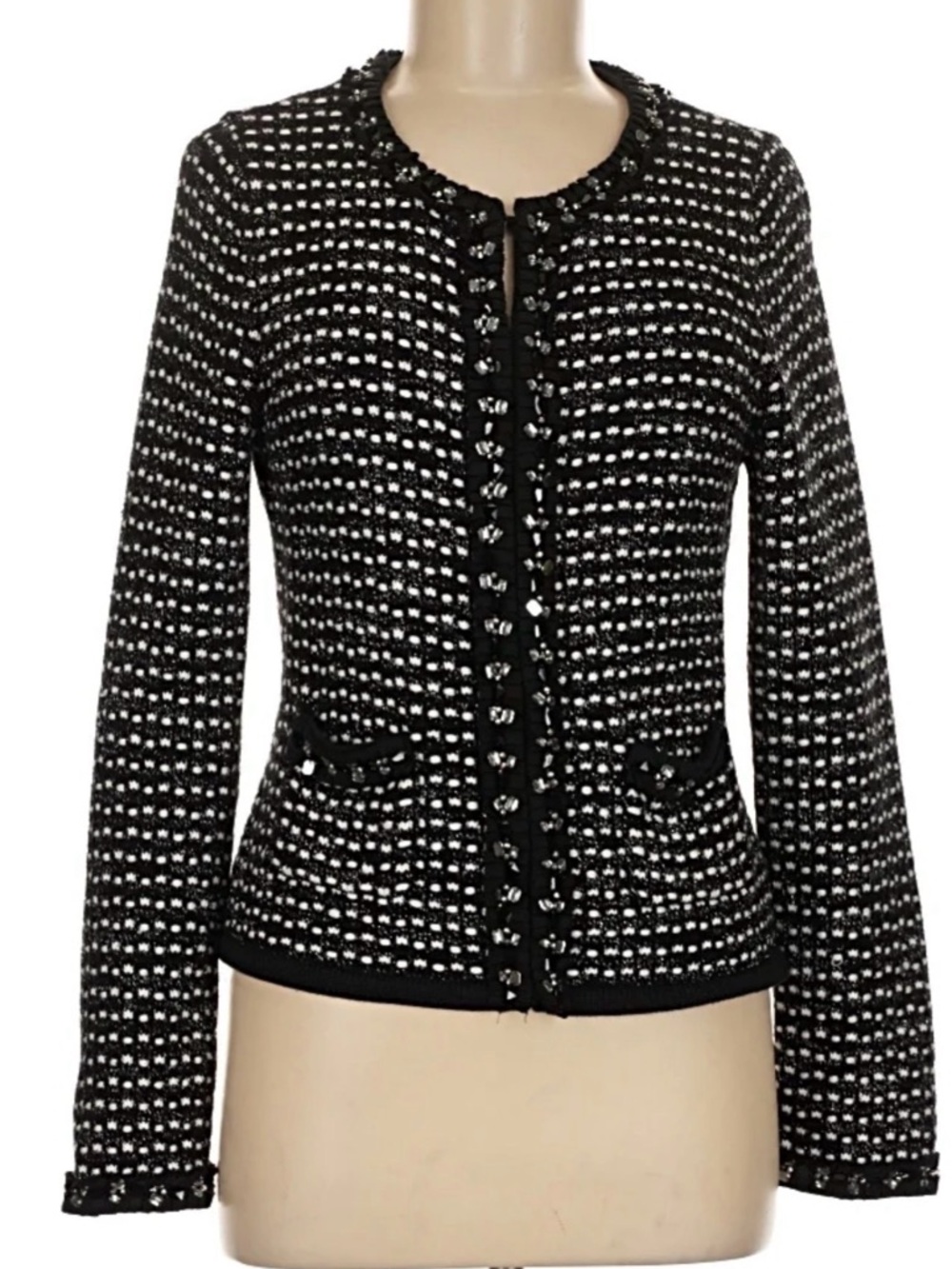 White House Black Market Black & White Tweed Collarless Jacket